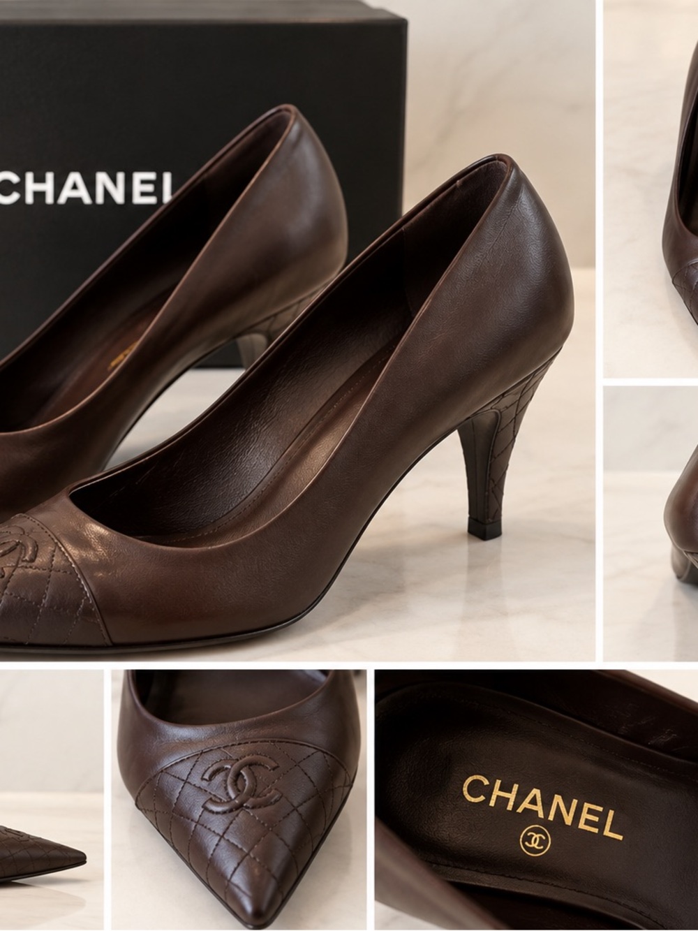 CHANEL Brown Quilted Leather Pointed-Toe Pumps with CC Logo